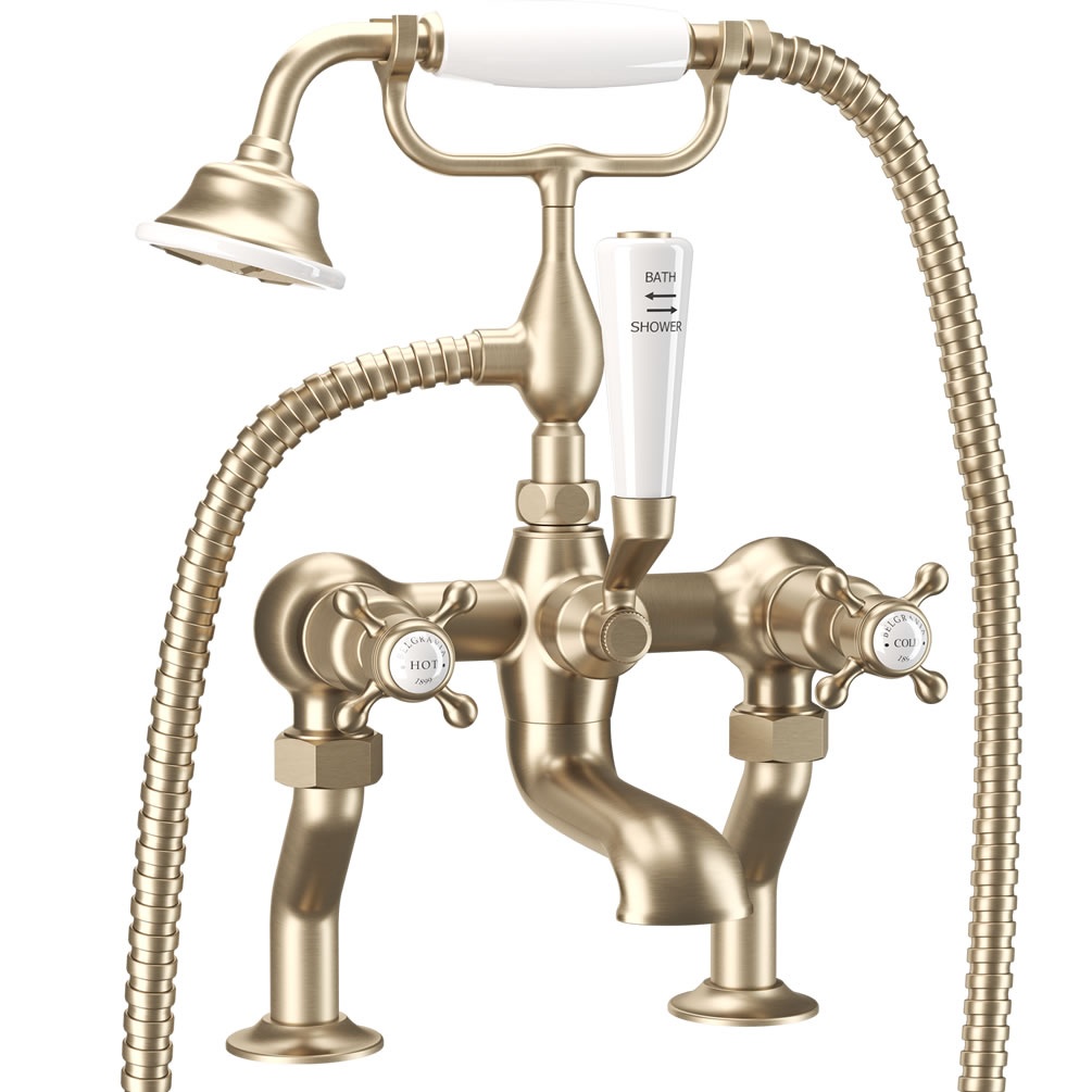 Cutout image of Crosswater Belgravia Brushed Brass Deck-Mounted Bath Shower Mixer